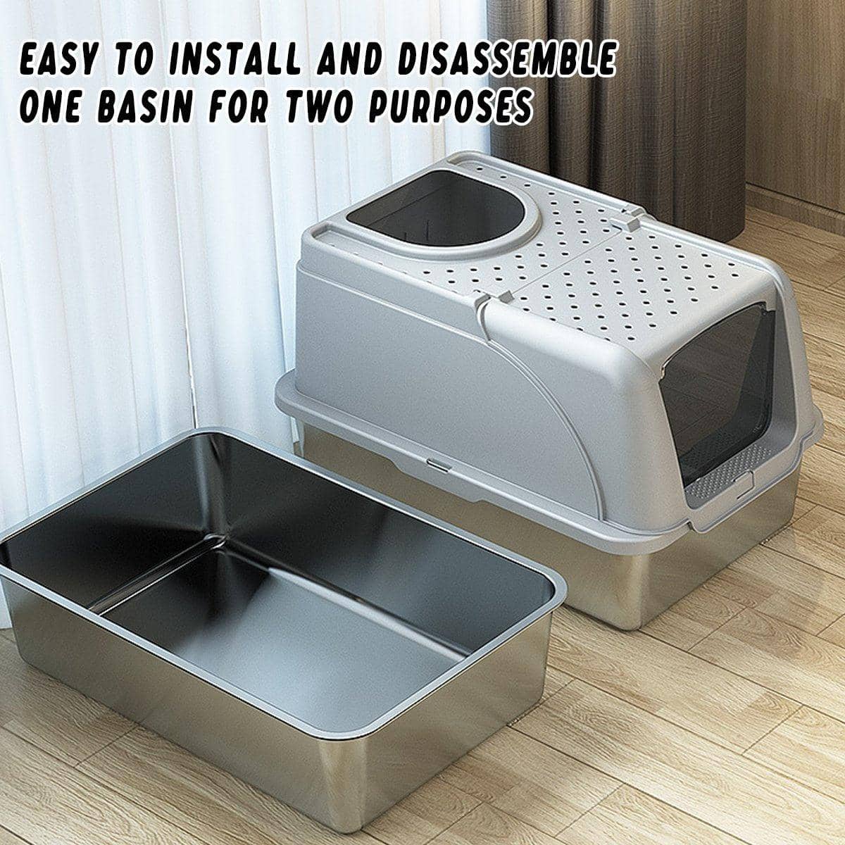 Stainless Steel Cat Litter Box with Flip Cover, 62 x 40 x 38cm - Grey - view 5