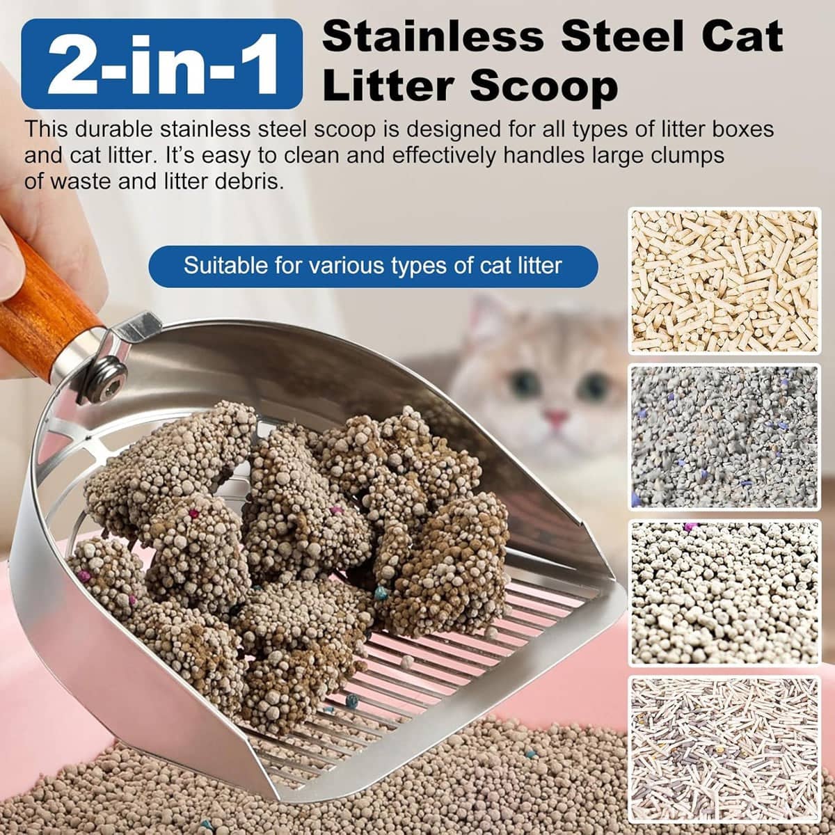 Stainless Steel Cat Litter Shovel with Wooden Handle, 15.5 x 13.3 cm Scoop - Silver - view 2