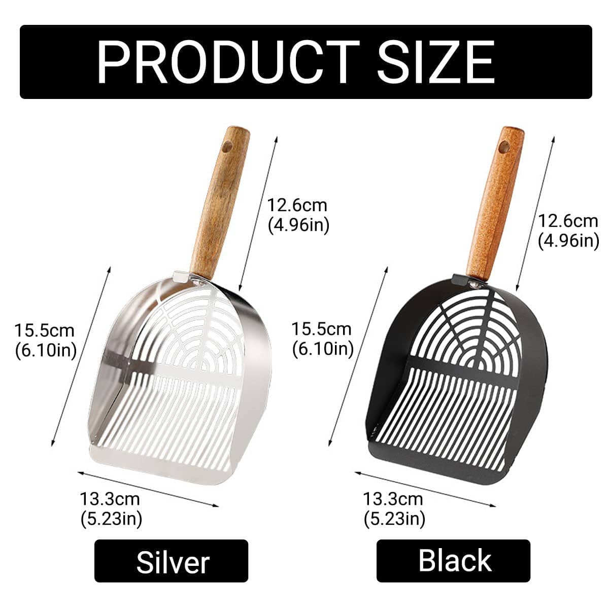 Stainless Steel Cat Litter Shovel with Wooden Handle, 15.5 x 13.3 cm Scoop - Silver - view 4