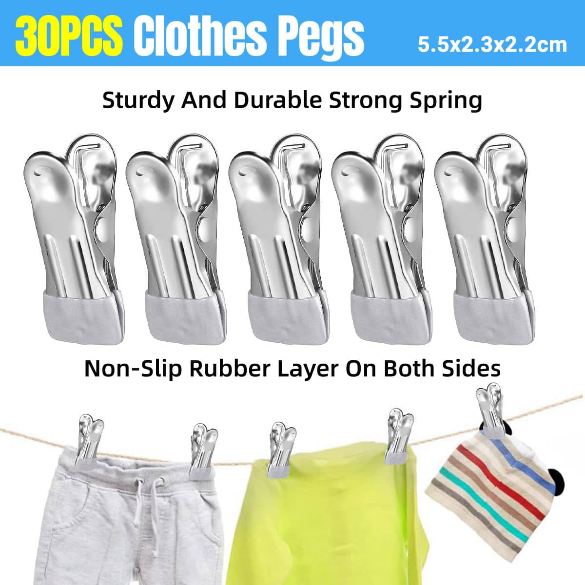 Stainless Steel Clothes Pegs with Non-Slip Coating - Pack of 30