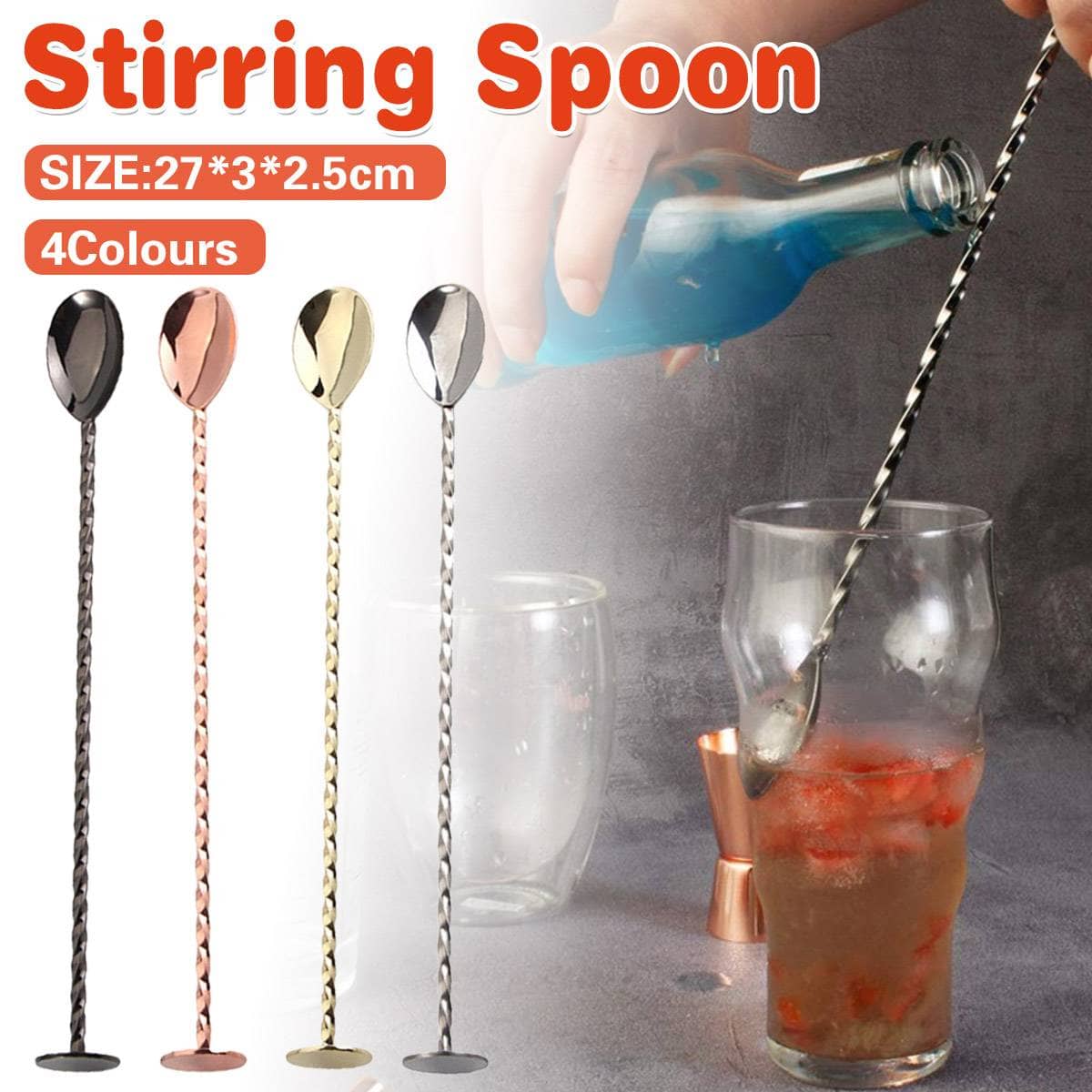 Stainless Steel Cocktail Bar Spoon with Twisted Handle and Muddler, 27 cm - Silver - view 2