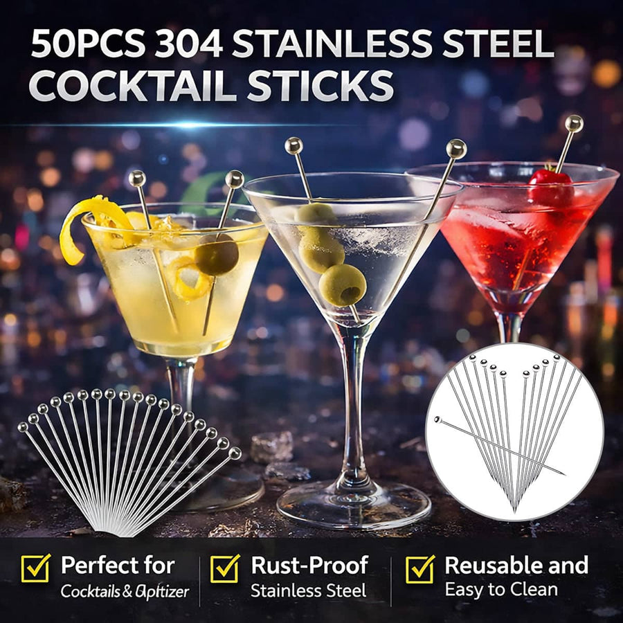 Stainless Steel Cocktail Picks Set of 50 with Ball Top for Martinis and Olives