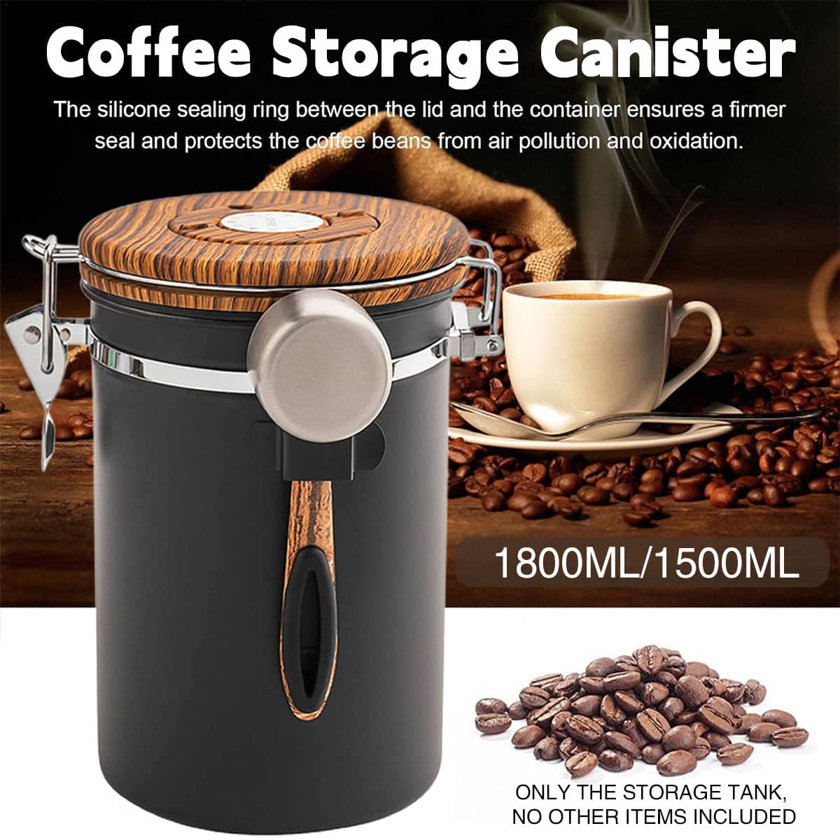 Stainless Steel Coffee Bean Storage Canister with Date Tracker and Spoon - 1500ml, 12.8 x 15.3 cm - view 2