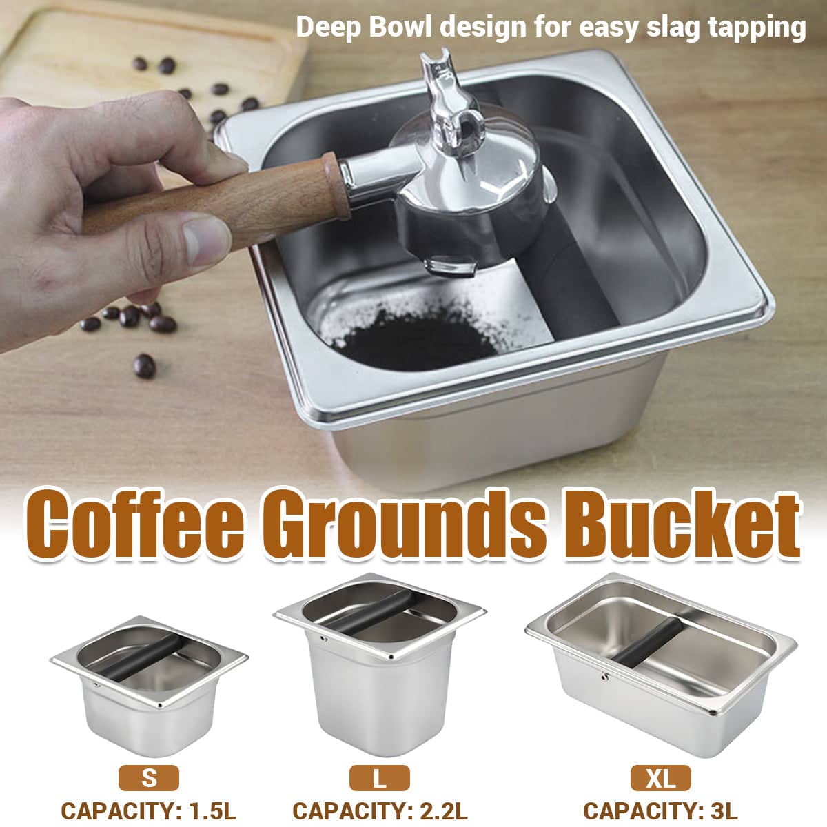 Stainless Steel Coffee Grounds Knock Box with Rubber Bar - Size S, 1.5 L - view 2