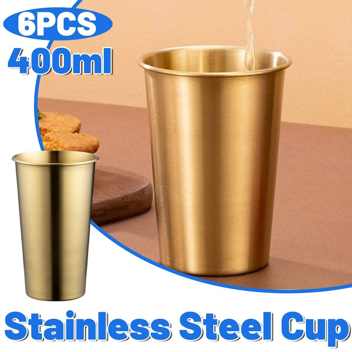 Stainless Steel Cold Drink Cup Set, 400ml Curled Lip Gold, Pack of 6