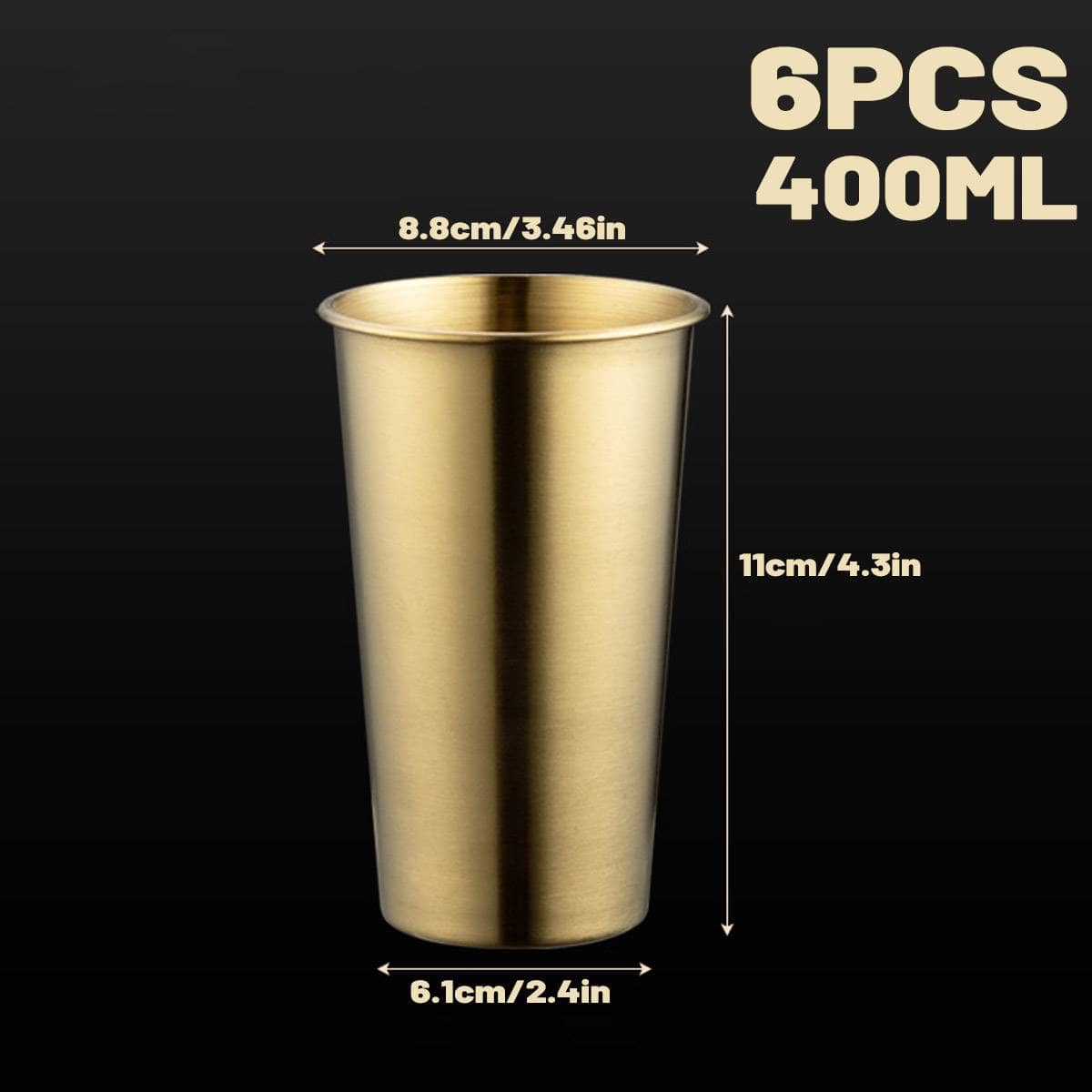 Stainless Steel Cold Drink Cup Set, 400ml Curled Lip Gold, Pack of 6 - view 3
