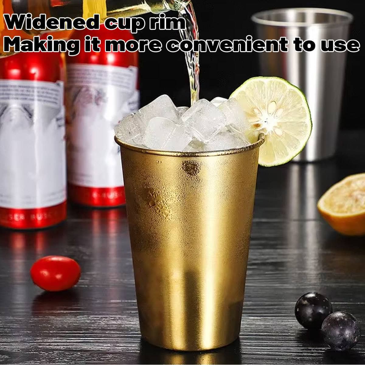 Stainless Steel Cold Drink Cup Set, 400ml Curled Lip Gold, Pack of 6 - view 5