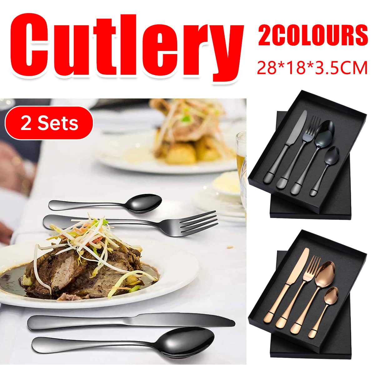 Stainless Steel Cutlery Set, 2 Sets of 4 Pieces in Gift Box - Rose Gold - view 2