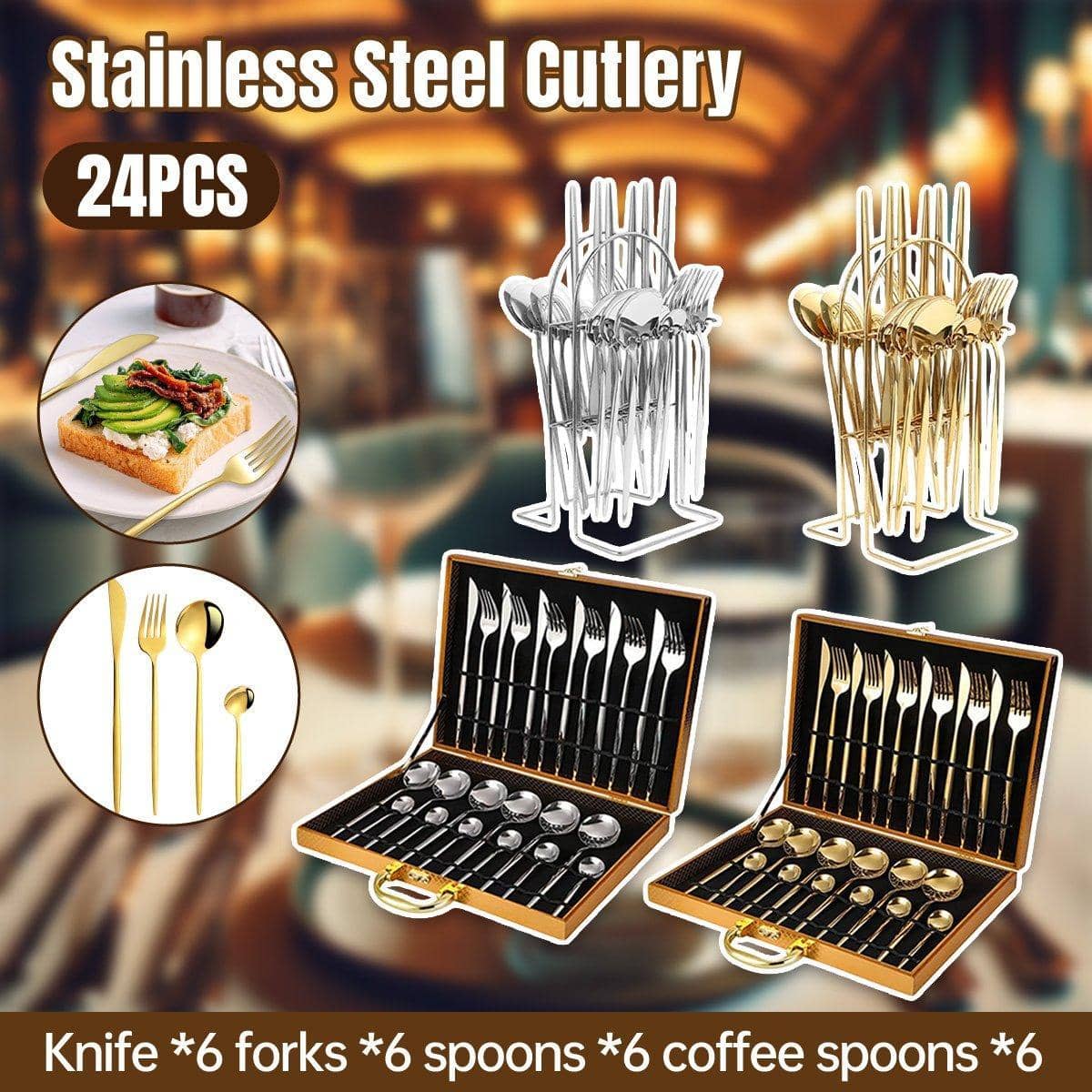 Stainless Steel Cutlery Set, 24 Pieces - Gold Gift Box Set - view 2