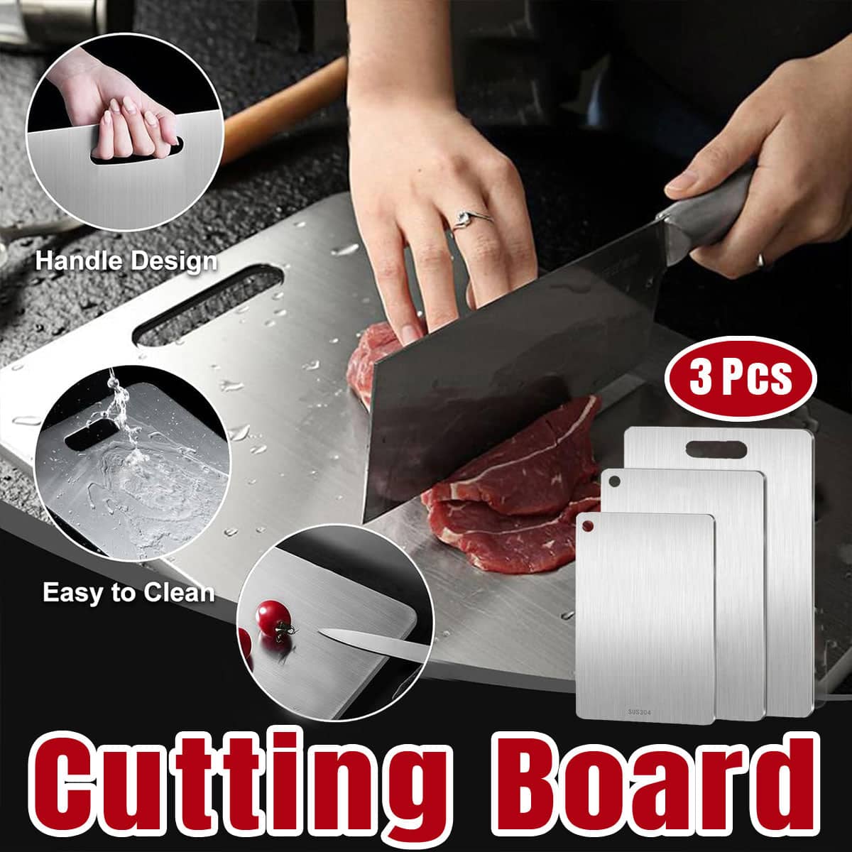 Stainless Steel Cutting Board Set of 3, Double-Sided with Handles