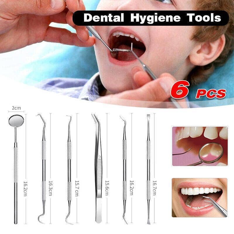Stainless Steel Dental Hygiene Tool Kit with Mirror and Scaler - 6 Piece Set