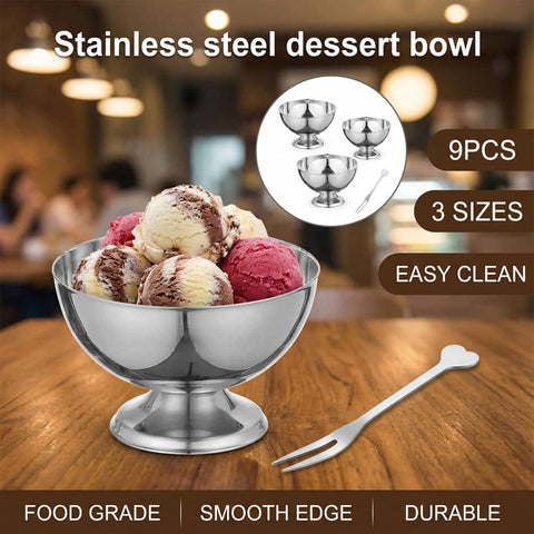 Stainless Steel Dessert Bowls Set of 9 with Forks, Ice Cream and Salad Cups