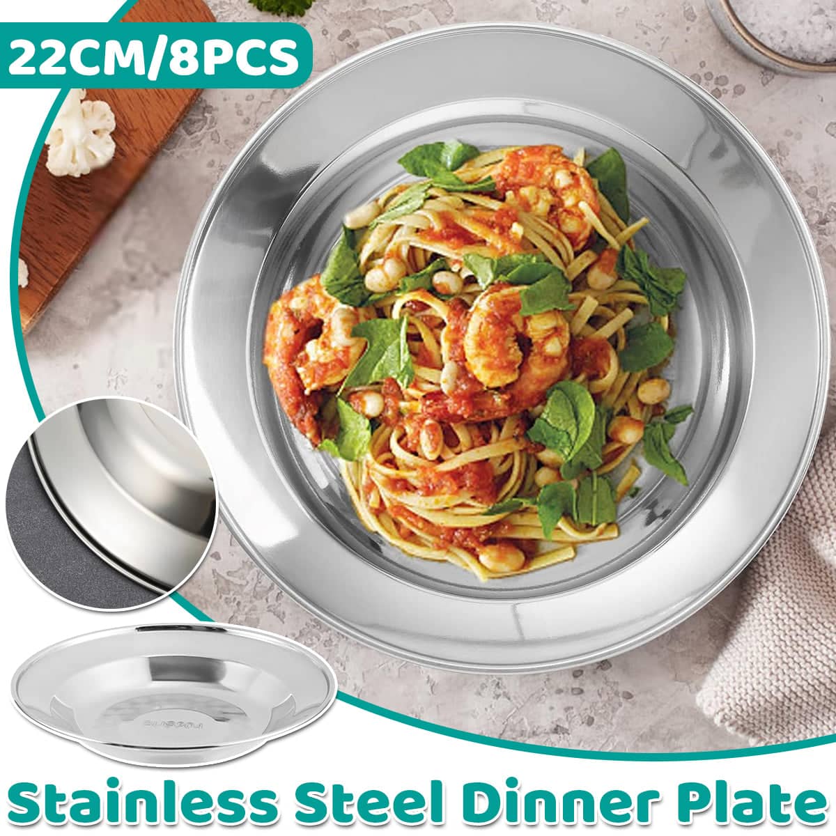 Stainless Steel Dinner Plates, Set of 8 - 22 cm Round Food Grade Tableware