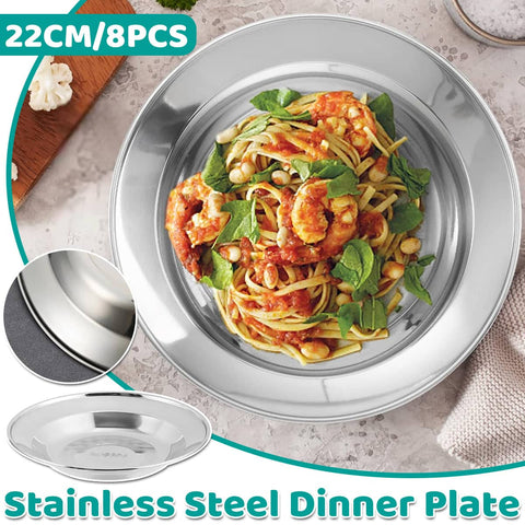 Stainless Steel Dinner Plates, Set of 8 - 22 cm Round Food Grade Tableware