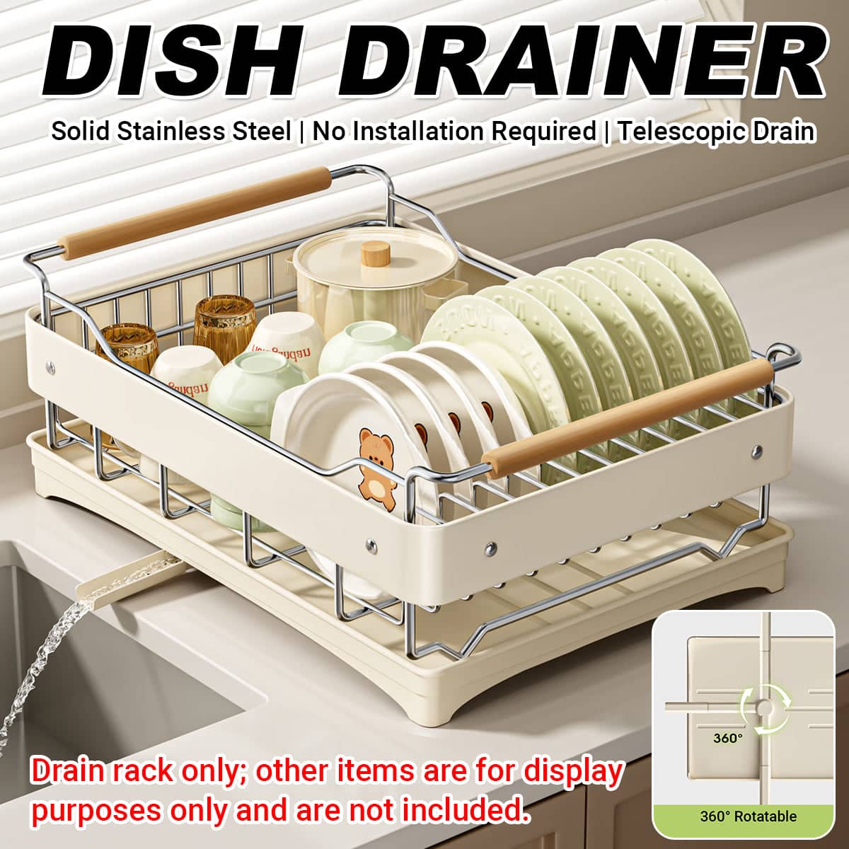 Stainless Steel Dish Drying Rack with 360 Degree Drain Outlet for Kitchen Sink, Beige