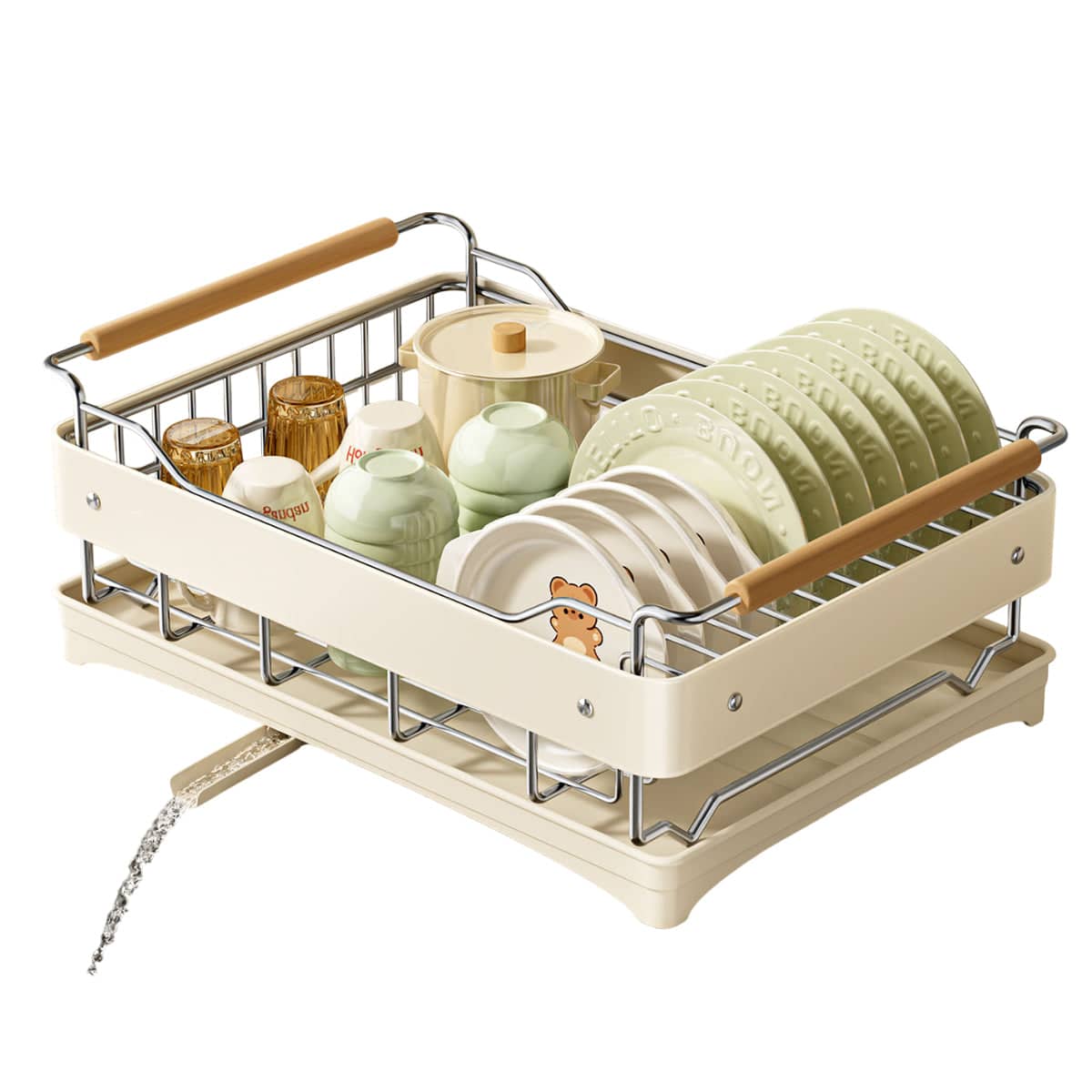 Stainless Steel Dish Drying Rack with 360 Degree Drain Outlet for Kitchen Sink, Beige - view 2