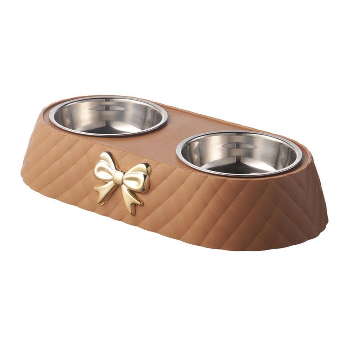 Stainless Steel Double Pet Bowl Feeder with Non-Slip Base - Brown