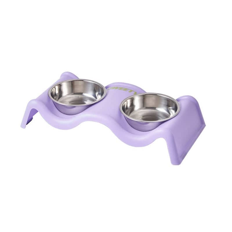 Stainless Steel Double Pet Bowl Set, Wavy Elevated Stand - Purple