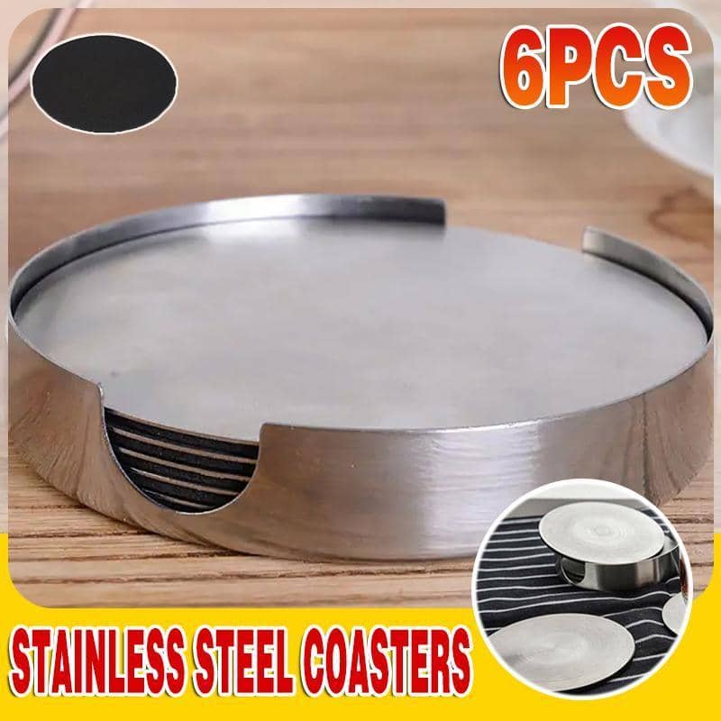 Stainless Steel Drink Coasters Set of 6 with Holder, Heat Resistant Cup Mats