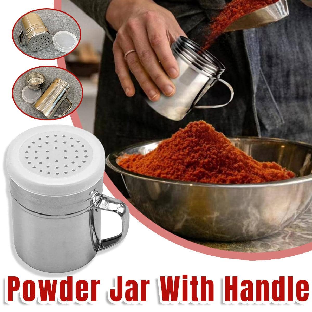 Stainless Steel Dusting Powder Jar with Lid and Handle