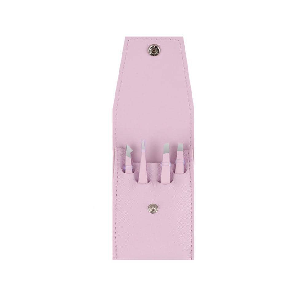 Stainless Steel Eyebrow Tweezers Set of 4 with Pouch - Pink