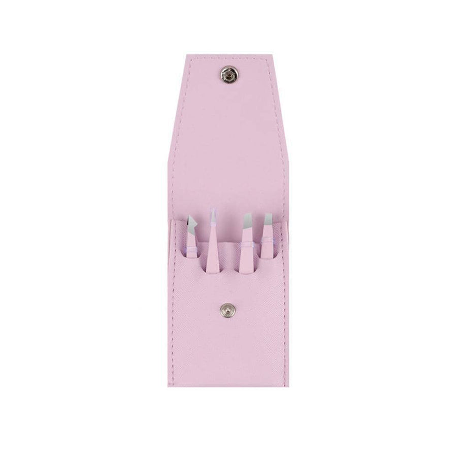 Stainless Steel Eyebrow Tweezers Set of 4 with Pouch - Pink