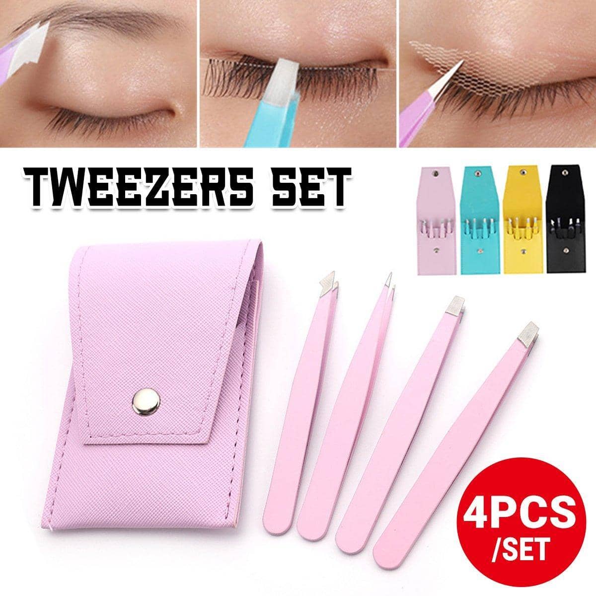 Stainless Steel Eyebrow Tweezers Set of 4 with Pouch - Pink - view 2