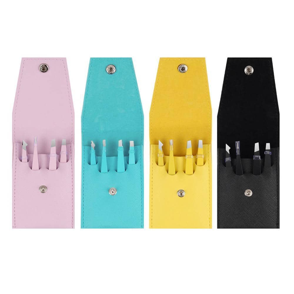 Stainless Steel Eyebrow Tweezers Set of 4 with Pouch - Pink - view 3