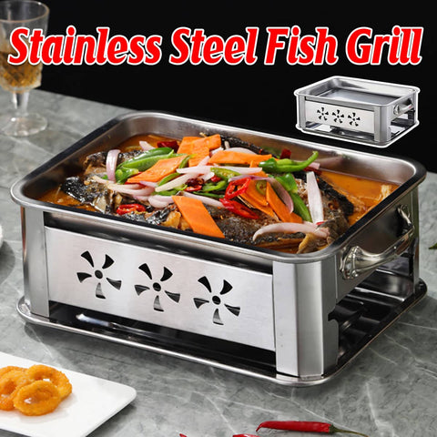Stainless Steel Fish Grill Barbecue Pan with Alcohol and Charcoal Heating Trays, 30 x 45 cm