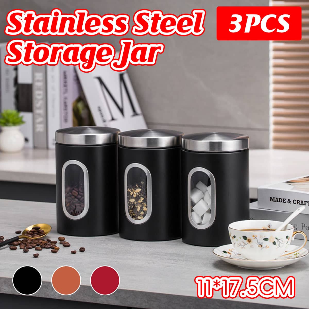 Stainless Steel Food Storage Jars with Viewing Window for Kitchen, Pack of 3 - Bronze - view 2