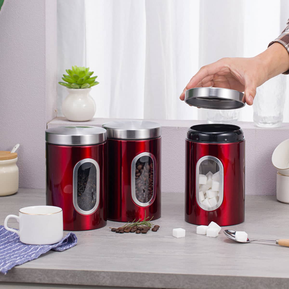 Stainless Steel Food Storage Jars with Viewing Window for Kitchen, Pack of 3 - Bronze - view 5