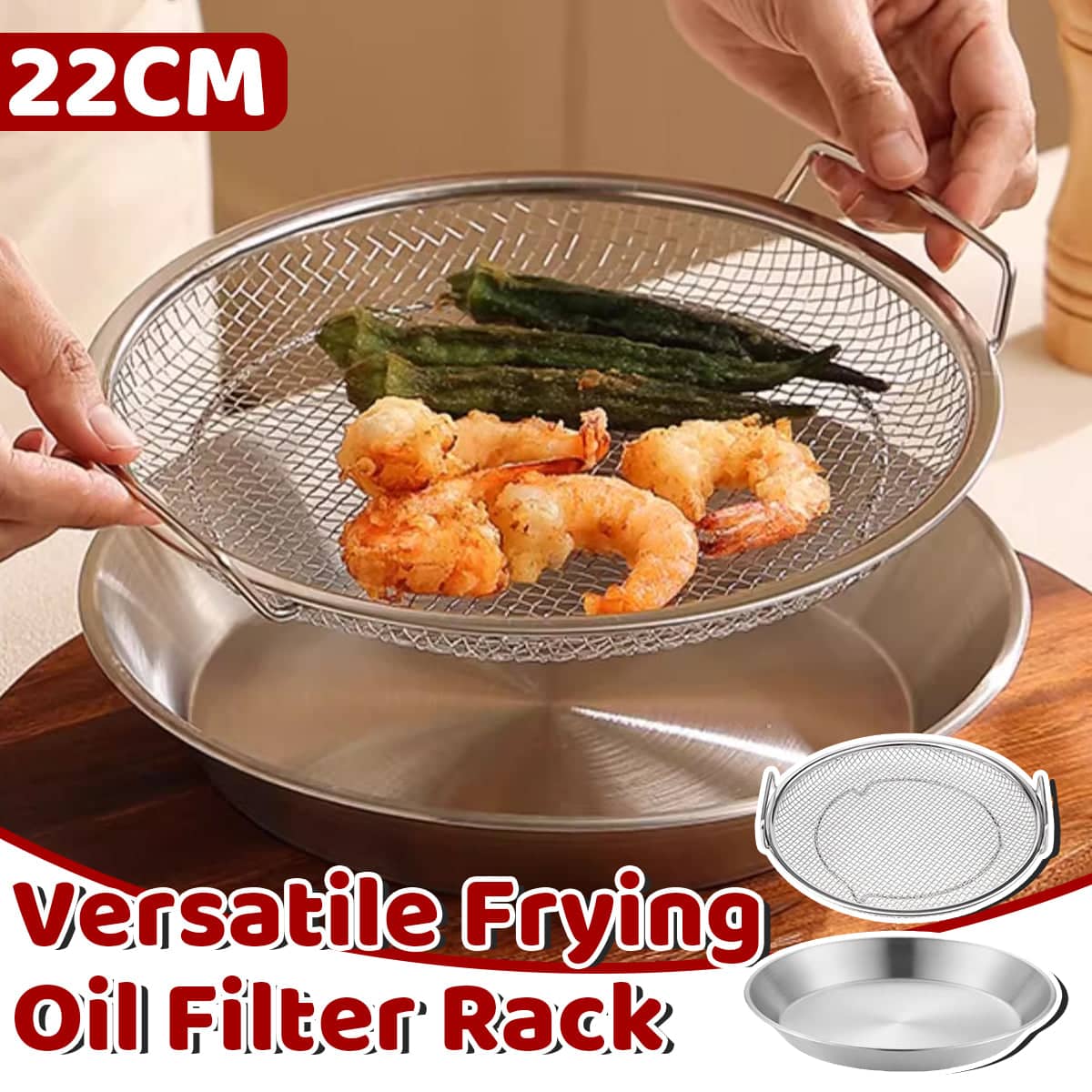 Stainless Steel Frying Skimmer Oil Drain Rack with Tray, 22 cm Heat Resistant