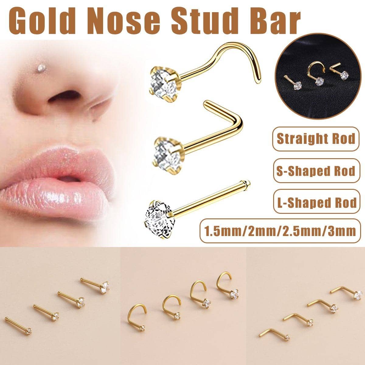 Stainless Steel Gold Nose Stud Nosepiece - S-Shaped Rod, 2.5mm Stone - view 2