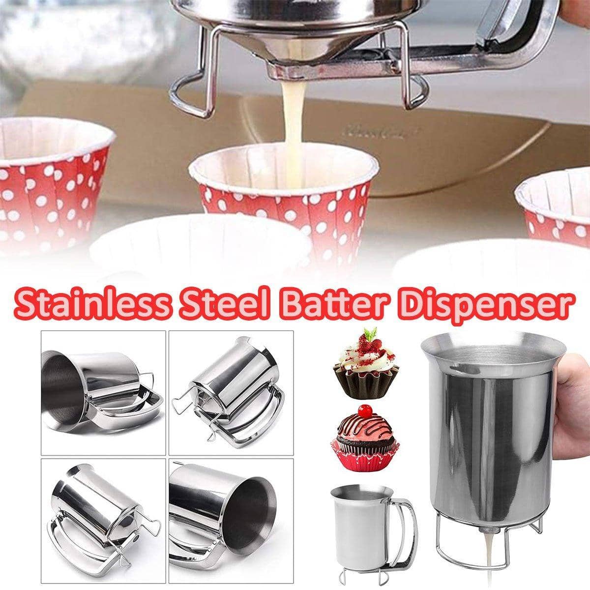 Stainless Steel Handheld Batter Dispenser, Cake Funnel for Pancakes and Muffins, Silver