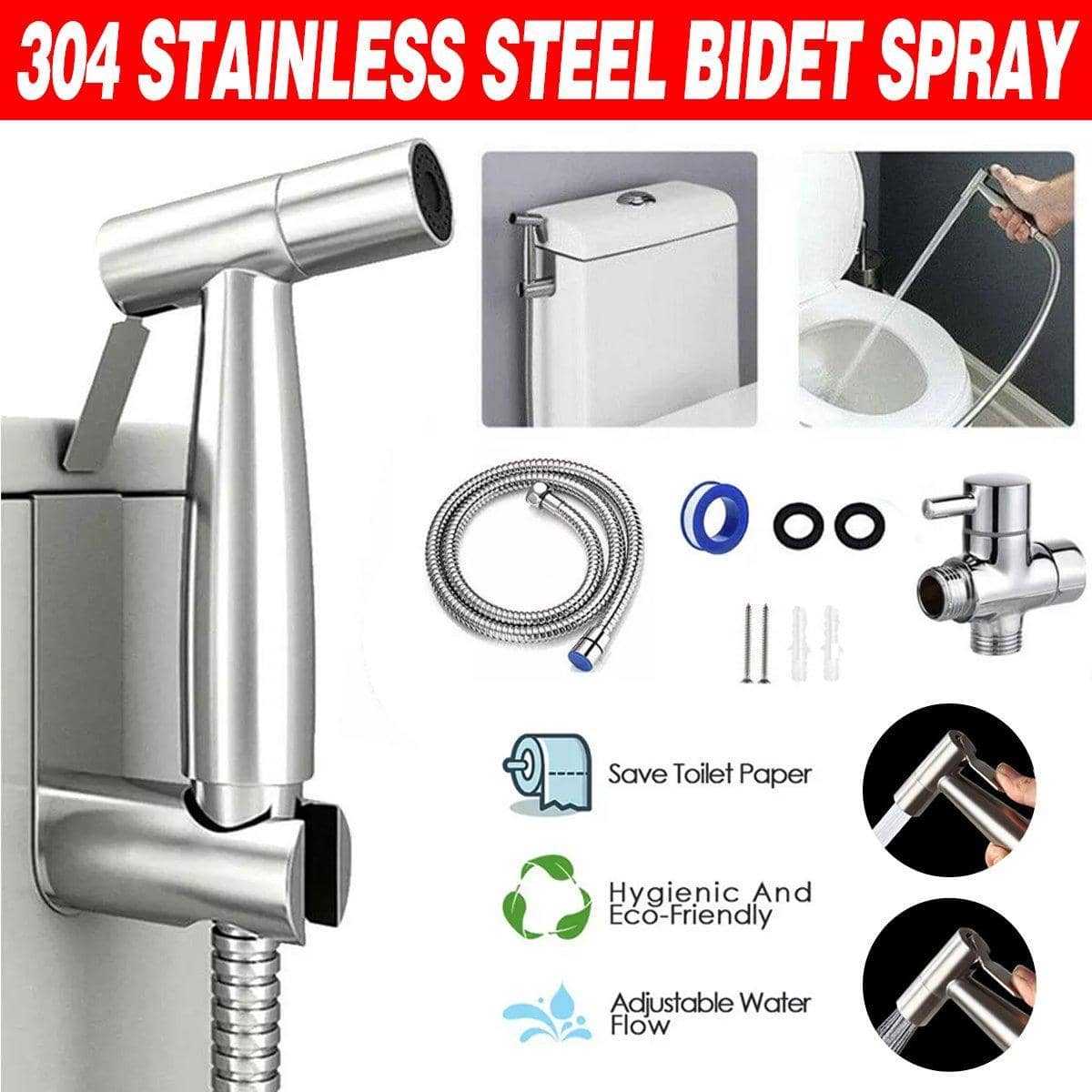 Stainless Steel Handheld Bidet Toilet Spray Shower Diverter Kit with 150 cm Hose