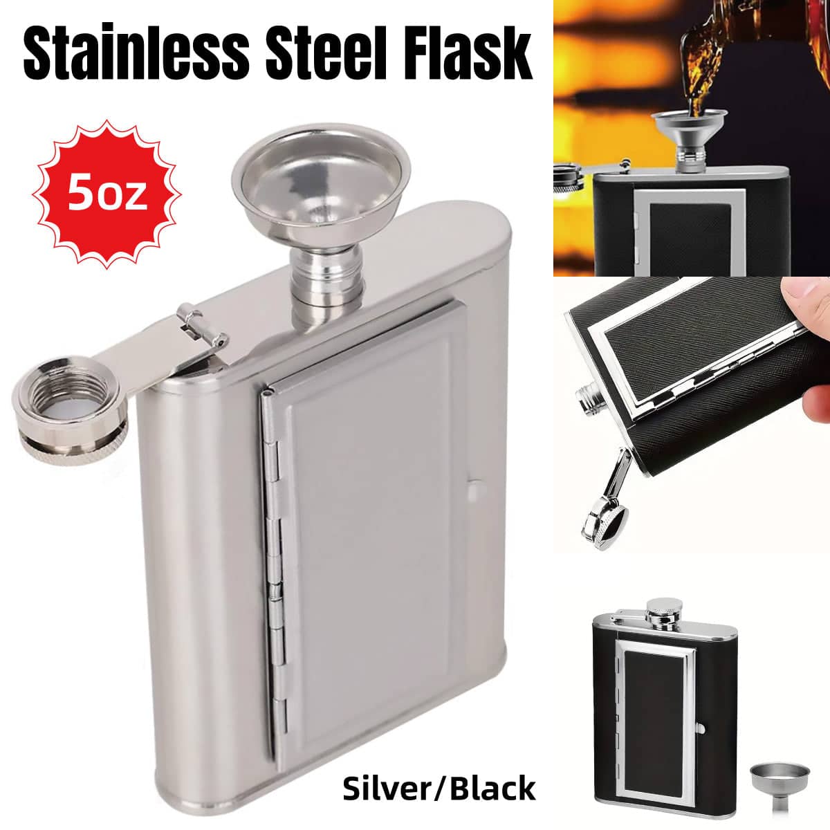 Stainless Steel Hip Flask 5 oz Portable Flagon with Funnel and Cigarette Case, Silver - view 2