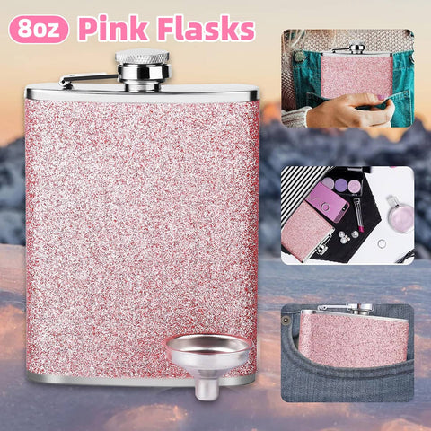 Stainless Steel Hip Flask 8oz - Glitter Pink, 12.2 x 9.3cm