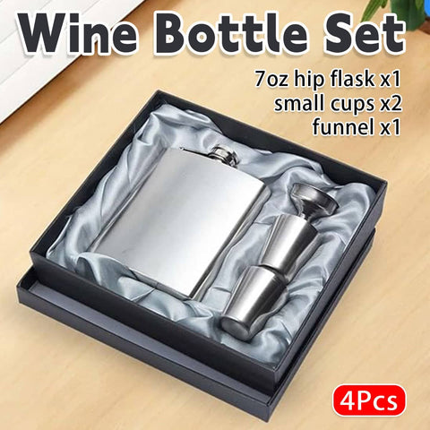 Stainless Steel Hip Flask Gift Set, 7oz (207ml) with Cups - Silver