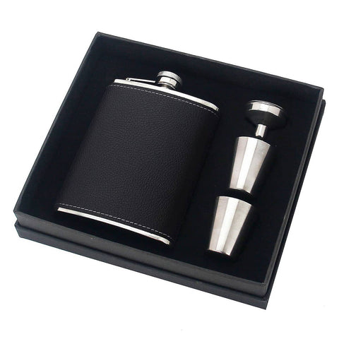 Stainless Steel Hip Flask Gift Set, 8 oz (236 ml) - Black Lychee Pattern