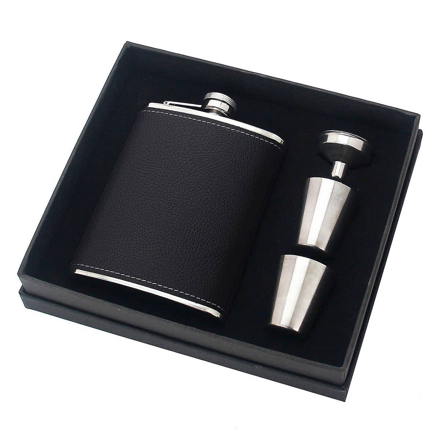 Stainless Steel Hip Flask Gift Set, 8 oz (236 ml) - Black Lychee Pattern