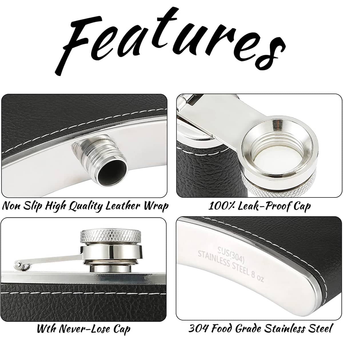 Stainless Steel Hip Flask Gift Set, 8 oz (236 ml) - Black Lychee Pattern - view 5