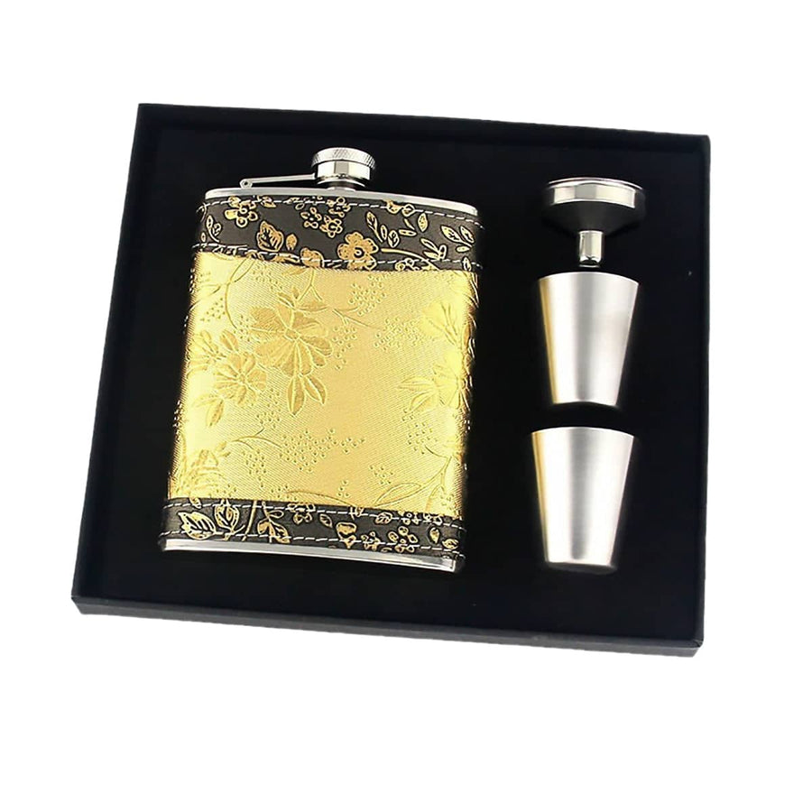 Stainless Steel Hip Flask Gift Set, 8 oz (236 ml) - Yellow Floral Pattern