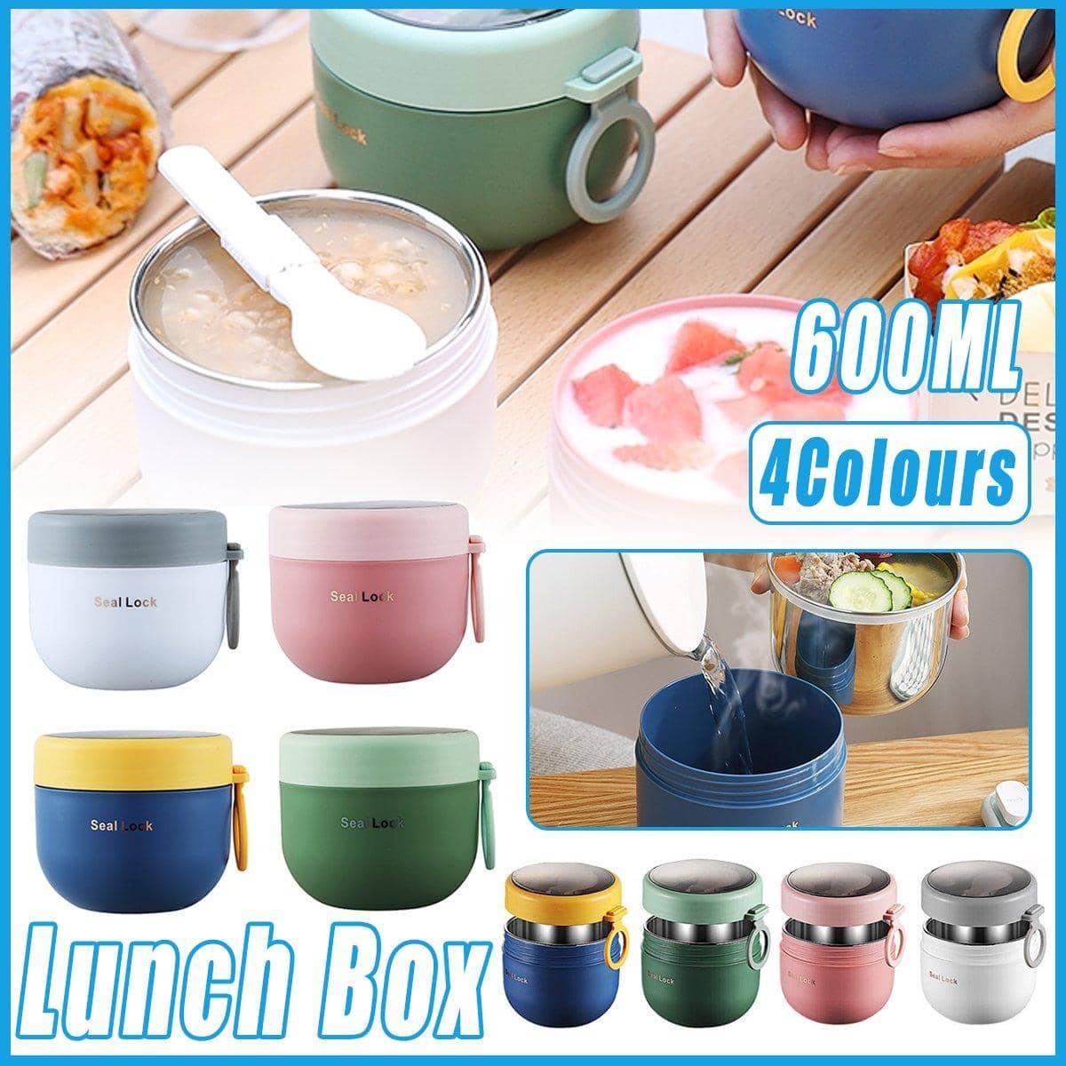 Stainless Steel Insulated Lunch Box, 600ml - Blue with Yellow Lid - view 2