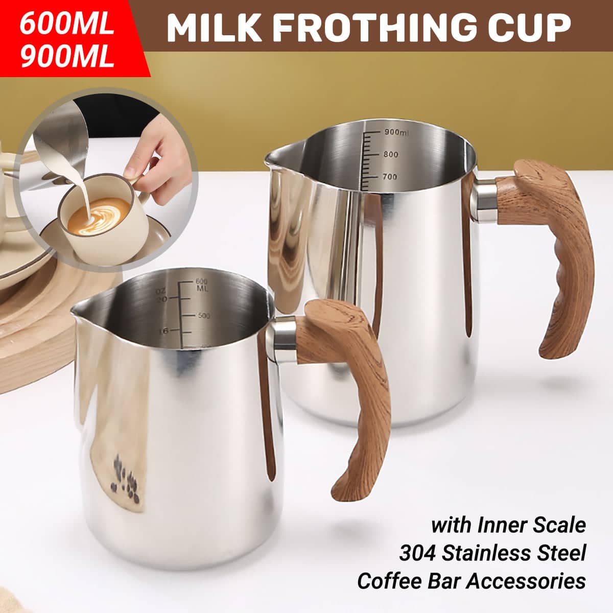 Stainless Steel Milk Frothing Pitcher with Wooden Handle - 600ml - view 2