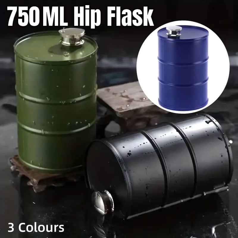 Stainless Steel Oil Drum Hip Flask, 750 ml Camping Flask - Black - view 2
