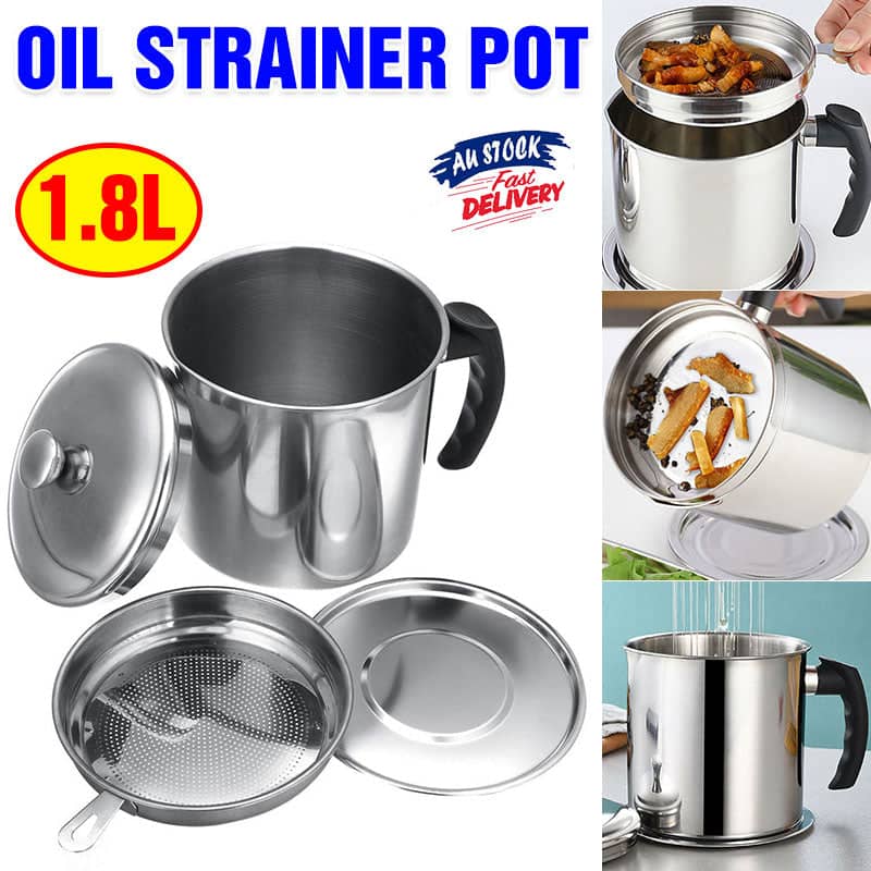 Stainless Steel Oil Strainer Pot with Fine Mesh Filter, 1.8 L Capacity