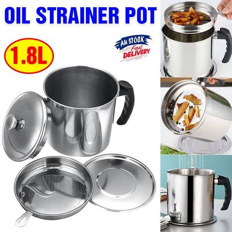 Stainless Steel Oil Strainer Pot with Fine Mesh Filter, 1.8 L Capacity