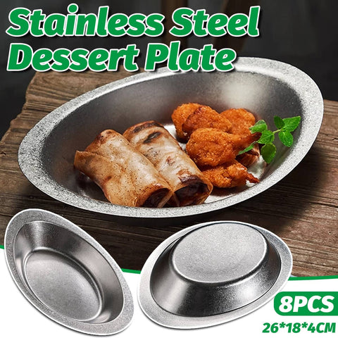 Stainless Steel Oval Dessert Plates Set of 8, 26 x 18 x 4 cm