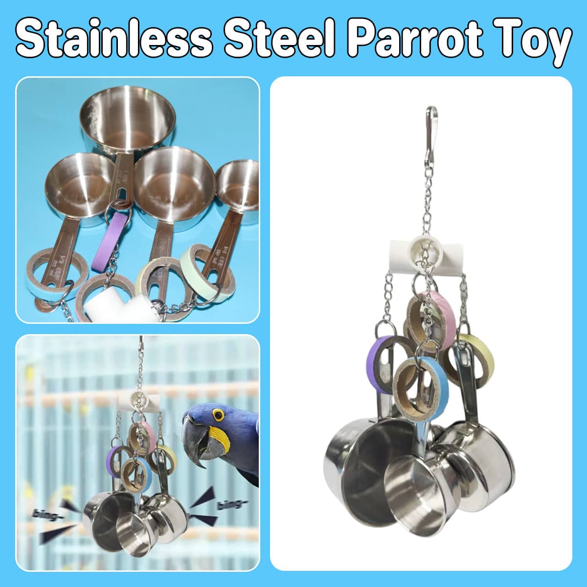 Stainless Steel Parrot Toy with Bell and Paper Rings for Birdcages