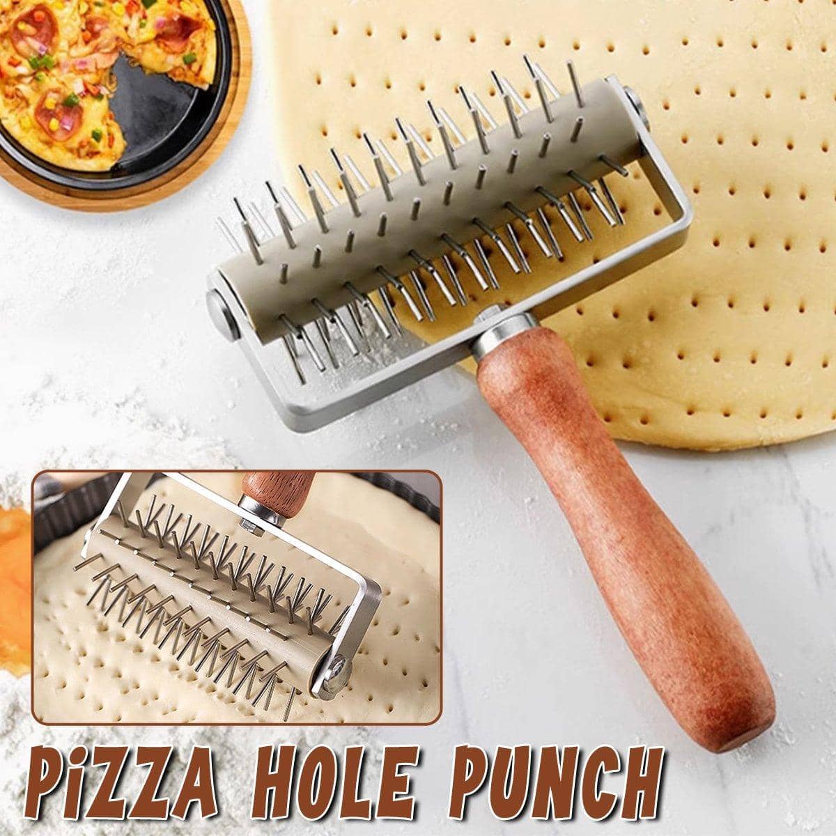 Stainless Steel Pizza Dough Hole Punch Roller with Wooden Handle